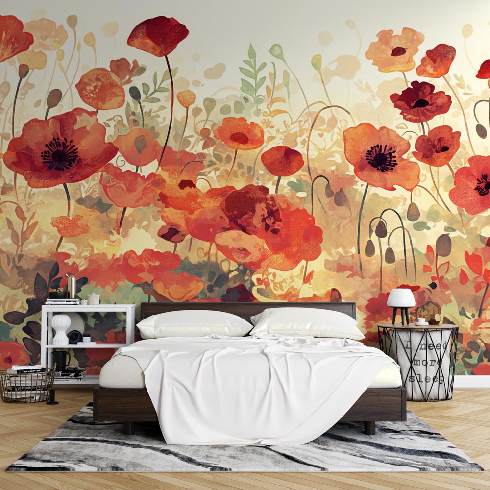 Watercolor Poppy Field Wallpaper creating a cozy atmosphere in a bright living room with natural light
