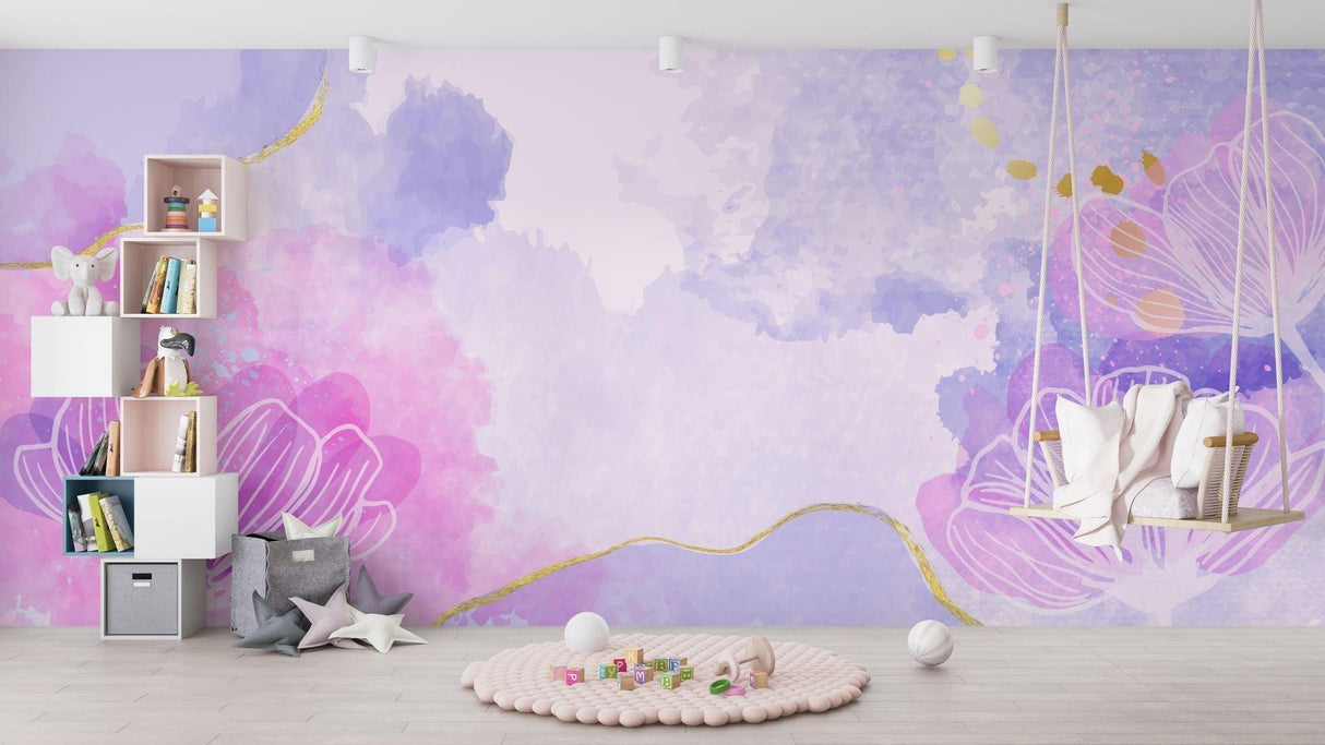 Purple and gold floral wallpaper in modern bedroom setting, showing watercolor effect in natural light