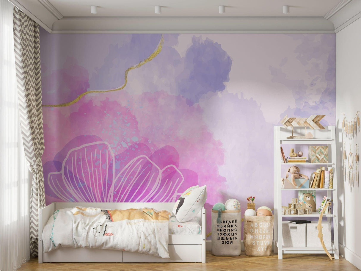 Watercolor floral mural featuring pink and purple tones in elegant dining room