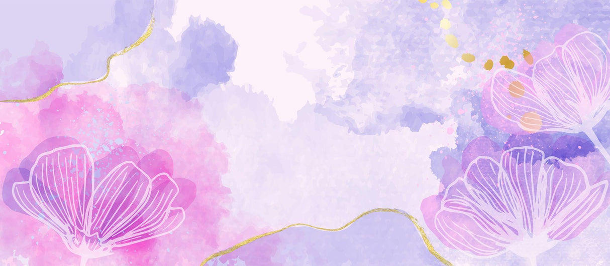 Watercolor floral wallpaper design file showing detailed purple blooms and gold accents pattern