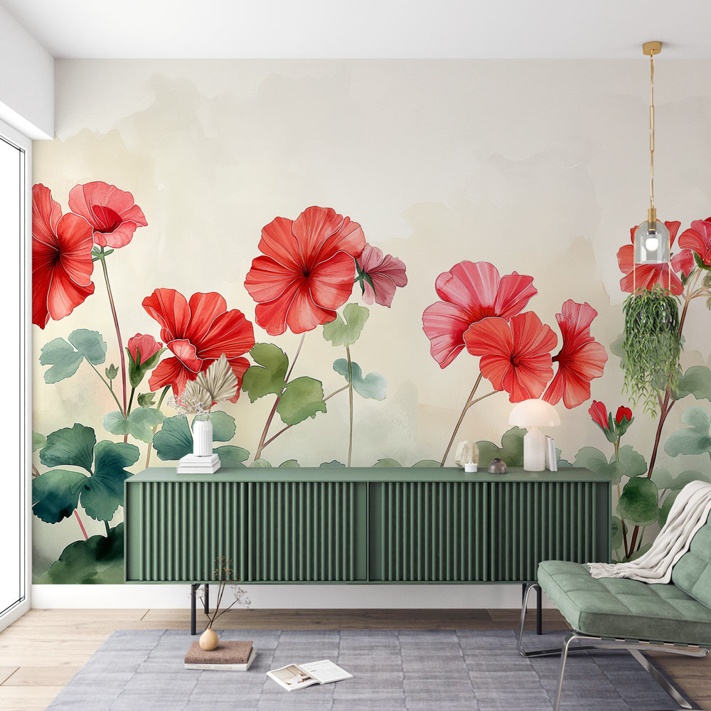 Red Geranium Floral Wallpaper in bright modern living room, showing watercolor flowers against cream wall