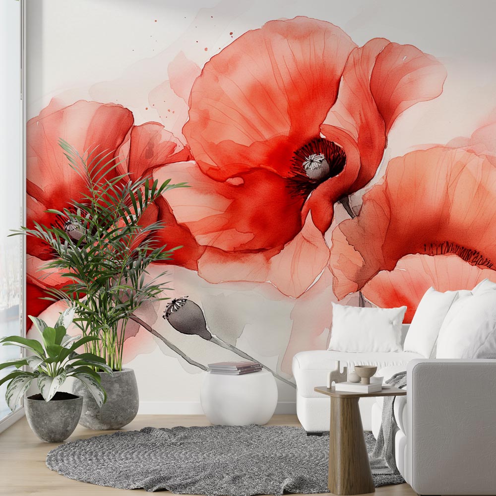 Red poppy watercolor wallpaper creating a stunning accent wall in a bright modern living room with minimal furniture