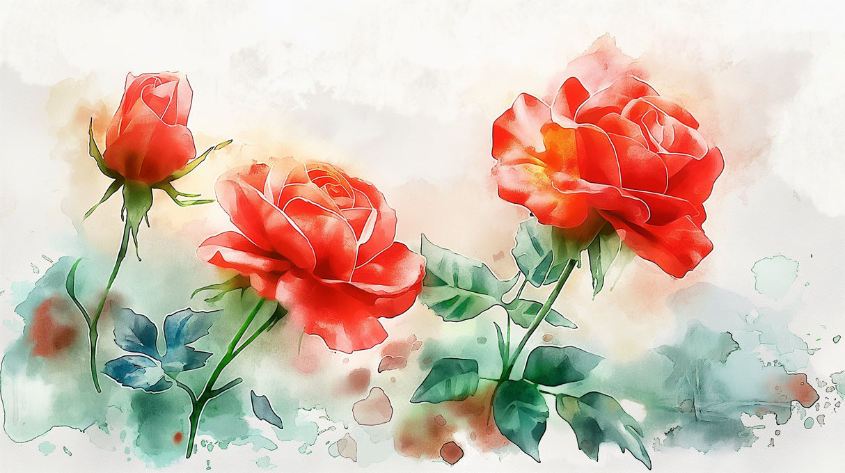 Red rose watercolor wallpaper creating a romantic atmosphere in a modern living room with white furniture