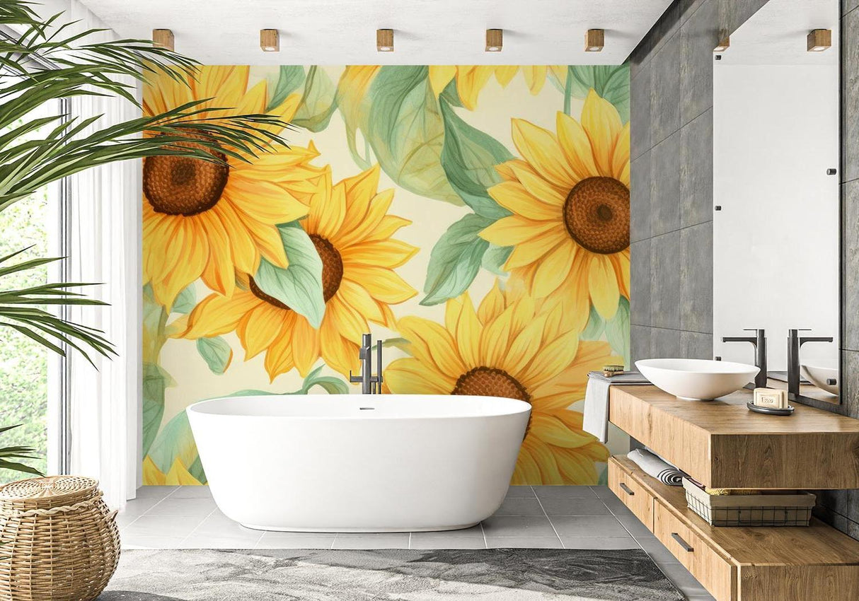 Sunflower wall mural bringing summer cheer to a bright modern living room with white furniture