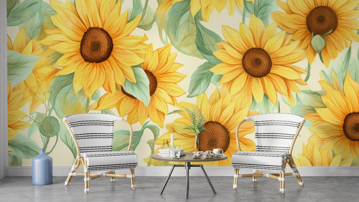 Watercolor sunflower wallpaper creating a warm atmosphere in a cozy dining room setting