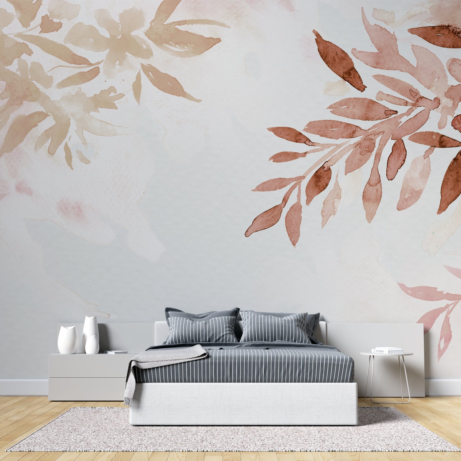 Watercolor leaf wallpaper in modern living room creating serene atmosphere with terracotta accents