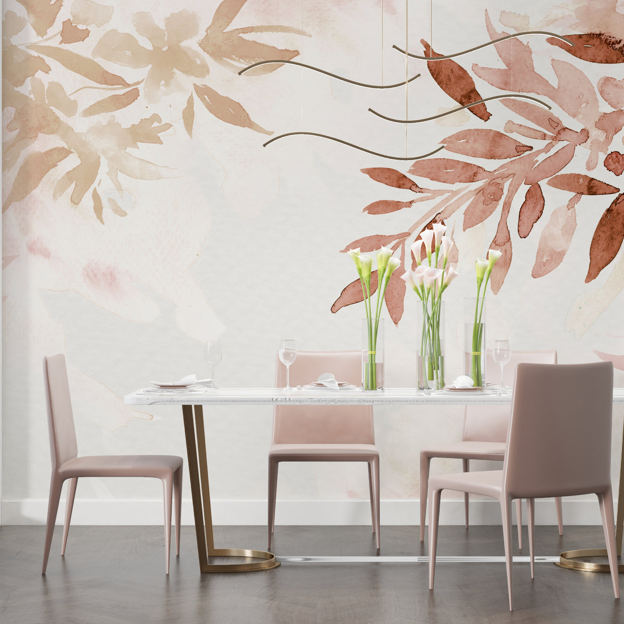 Botanical wall mural featuring watercolor leaves in stylish dining room