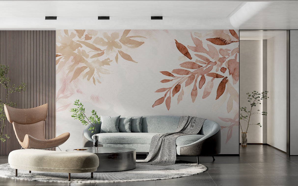 Terracotta leaf wallpaper bringing warmth to minimal bedroom space