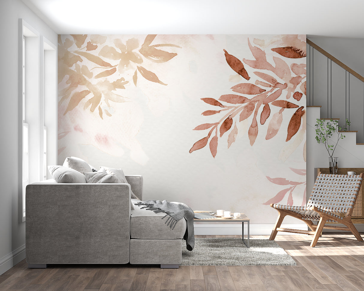 Watercolor botanical mural in home office with natural lighting