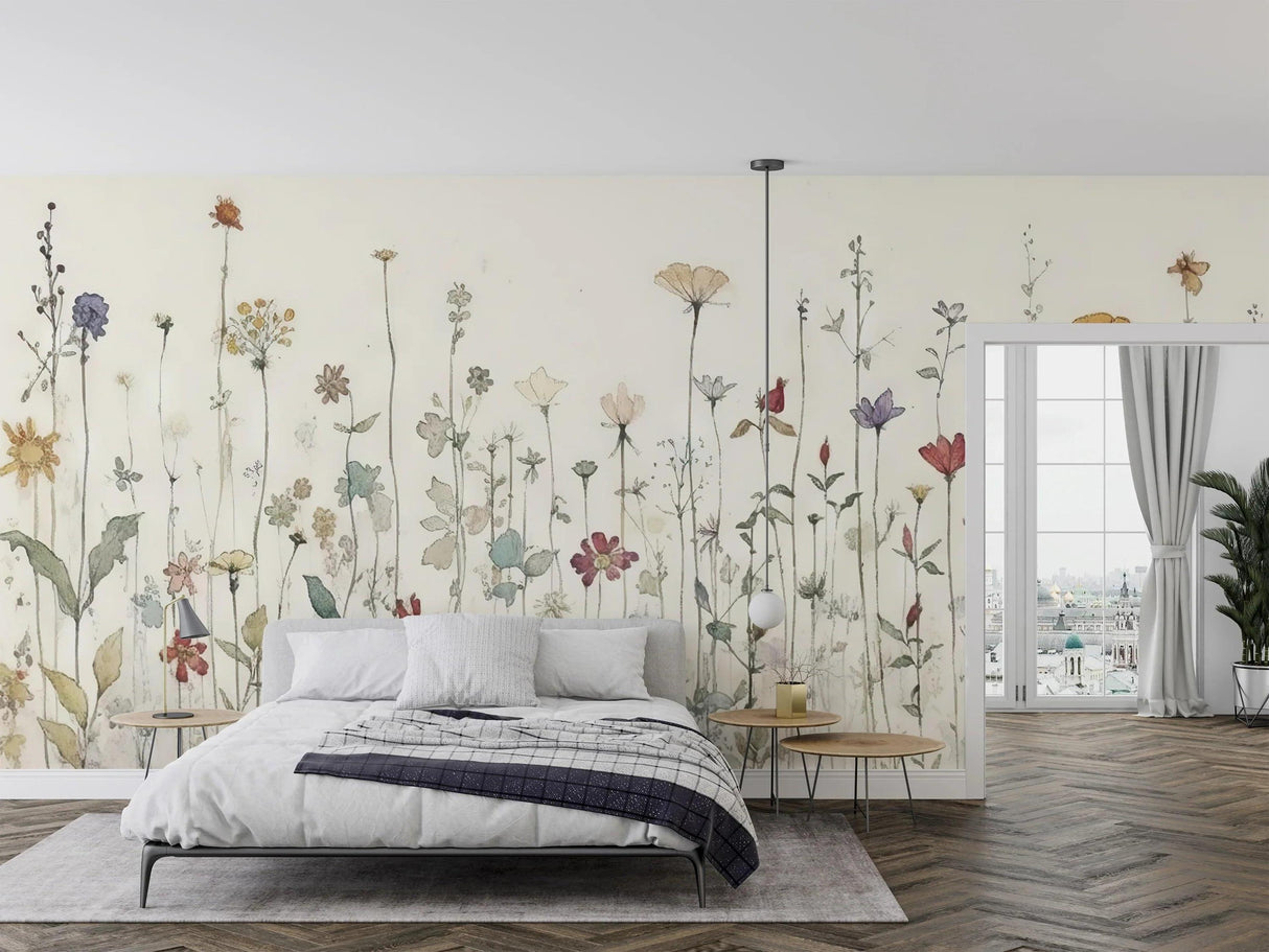 Watercolor floral wallpaper creating a peaceful atmosphere in a bright living room with natural light