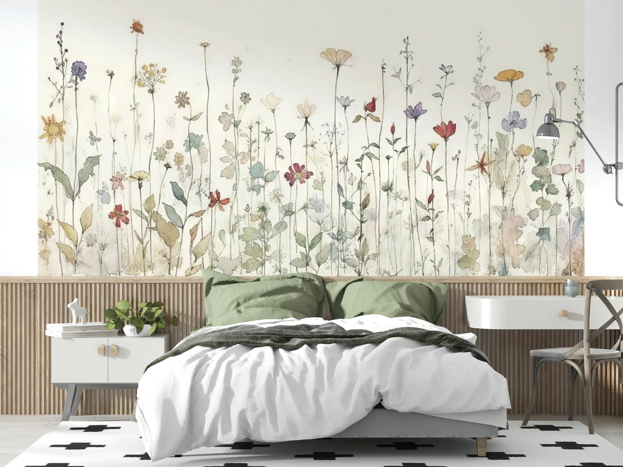 Wildflower garden mural wallpaper adding soft color to a modern bedroom setting
