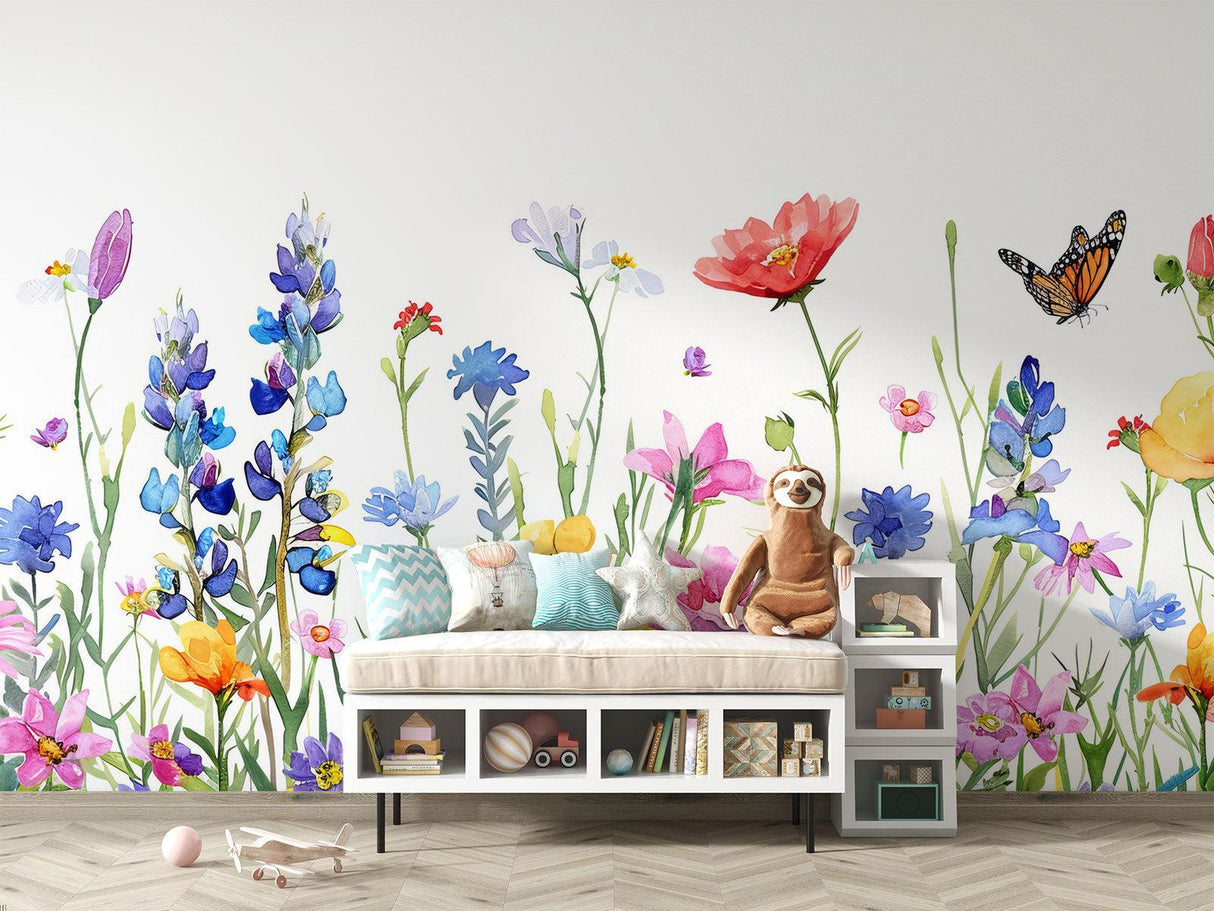 Watercolor flower wallpaper creating a peaceful atmosphere in a bright living room with natural light