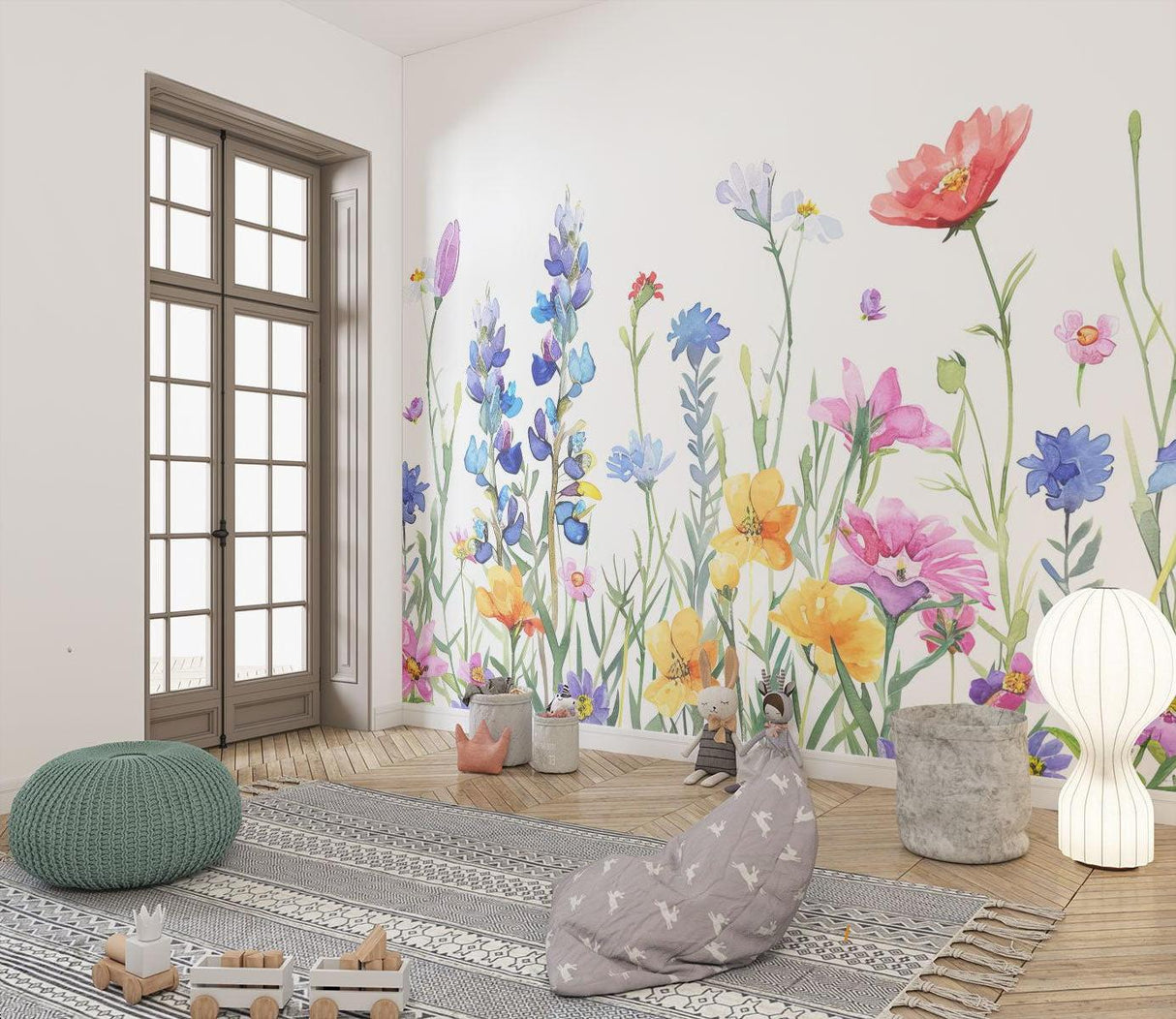 Wildflower wall mural bringing spring colors to a modern bedroom setting