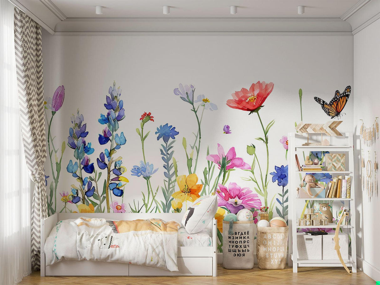 Floral wallpaper design showcased in a cozy reading nook with soft furnishings