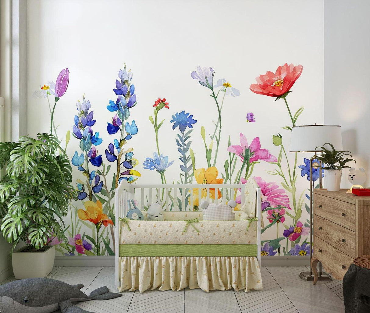 Butterfly and wildflower mural adding charm to a nursery room