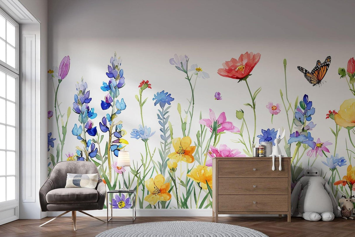 Watercolor garden mural transforming a home office space