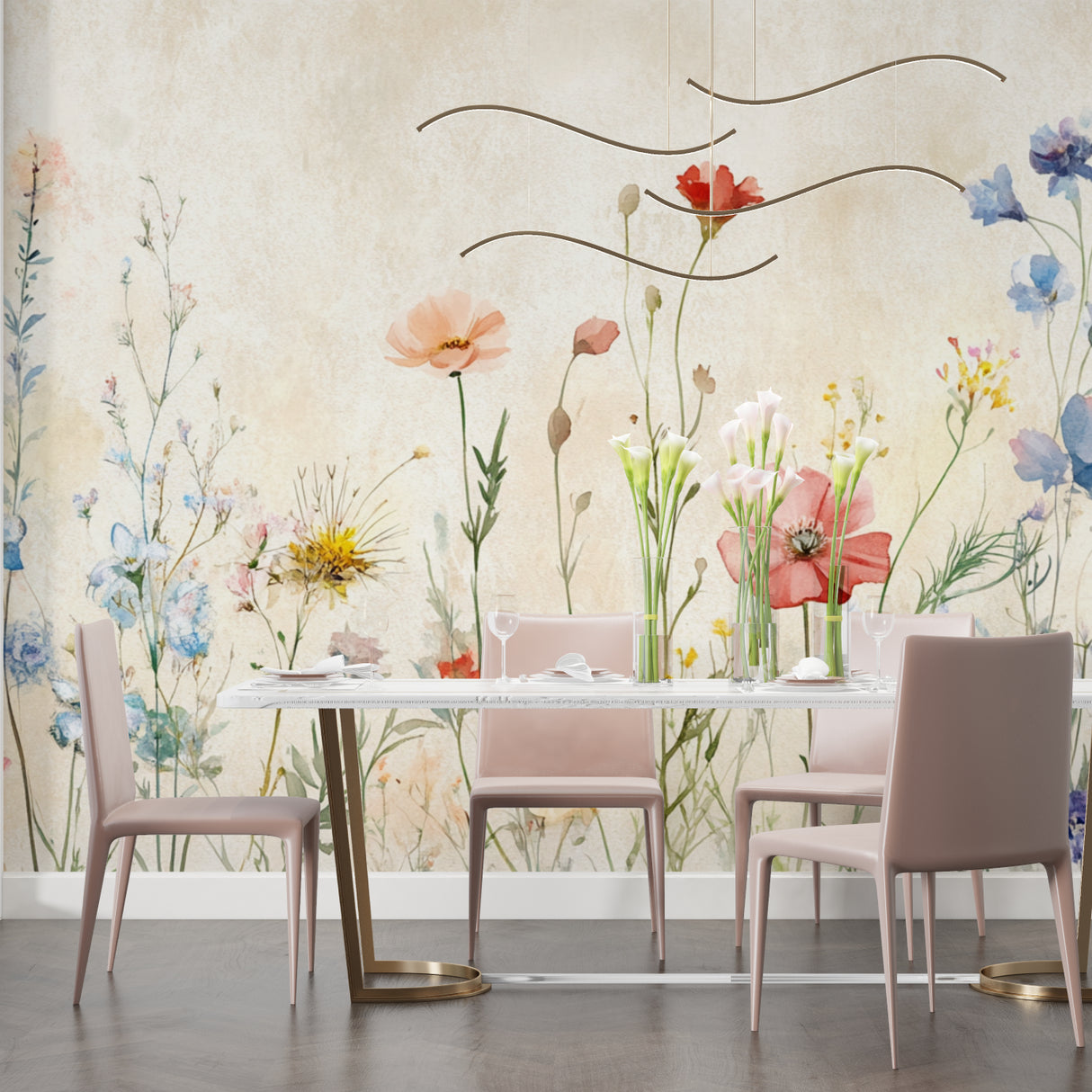 Watercolor Floral Wallpaper creating a fresh spring feel in modern living room with natural light