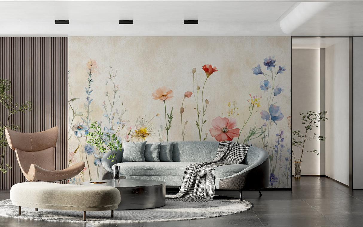 Botanical Wall Mural brightening up a cozy bedroom with soft wildflower patterns