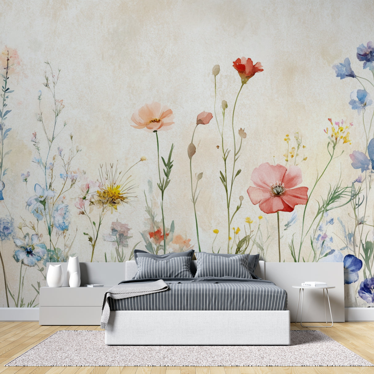 Watercolor Wildflower Mural creating peaceful atmosphere in reading nook
