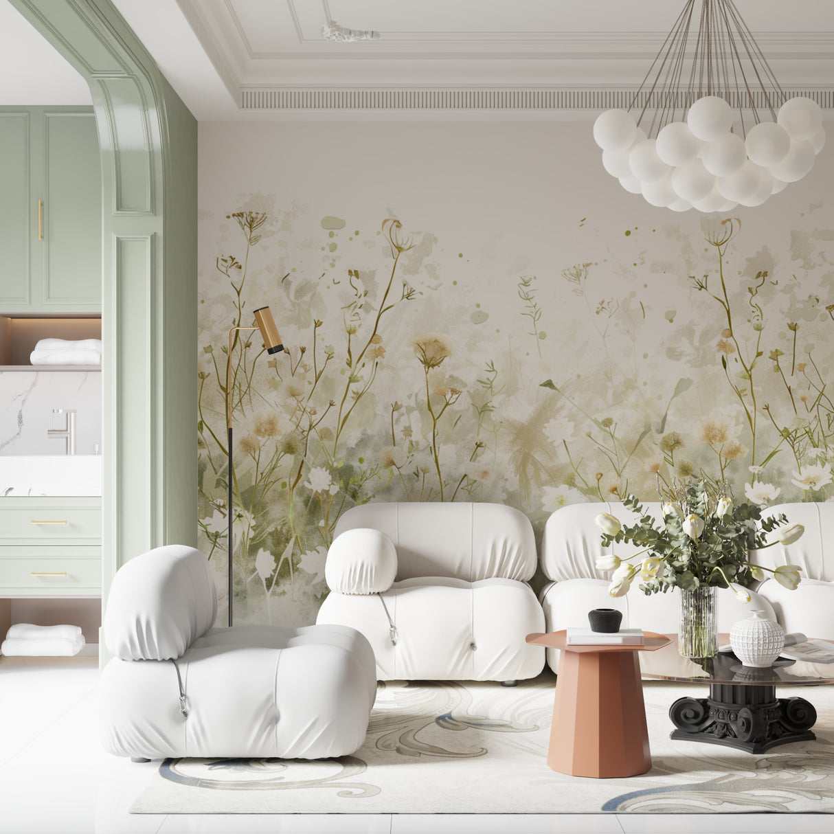 Watercolor Wildflower Wall Mural creating a peaceful atmosphere in a modern living room