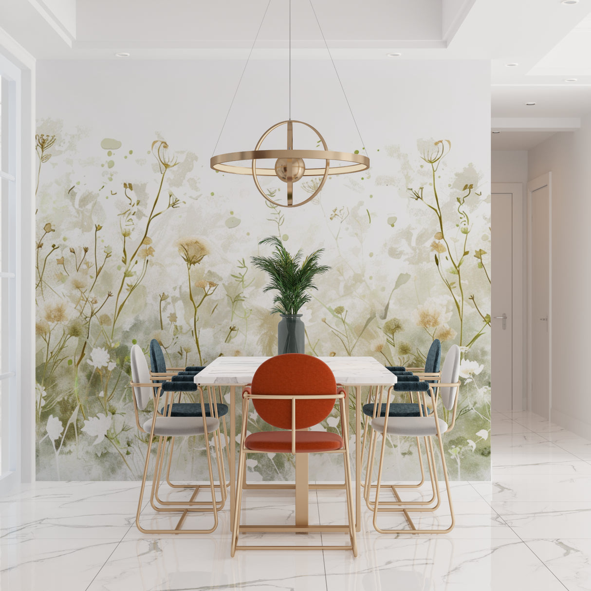 Watercolor Wildflower Wallpaper adding warmth to a home office