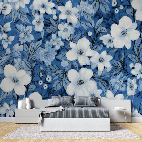 Blue floral wallpaper mural in modern living room, white blooms creating fresh accent wall