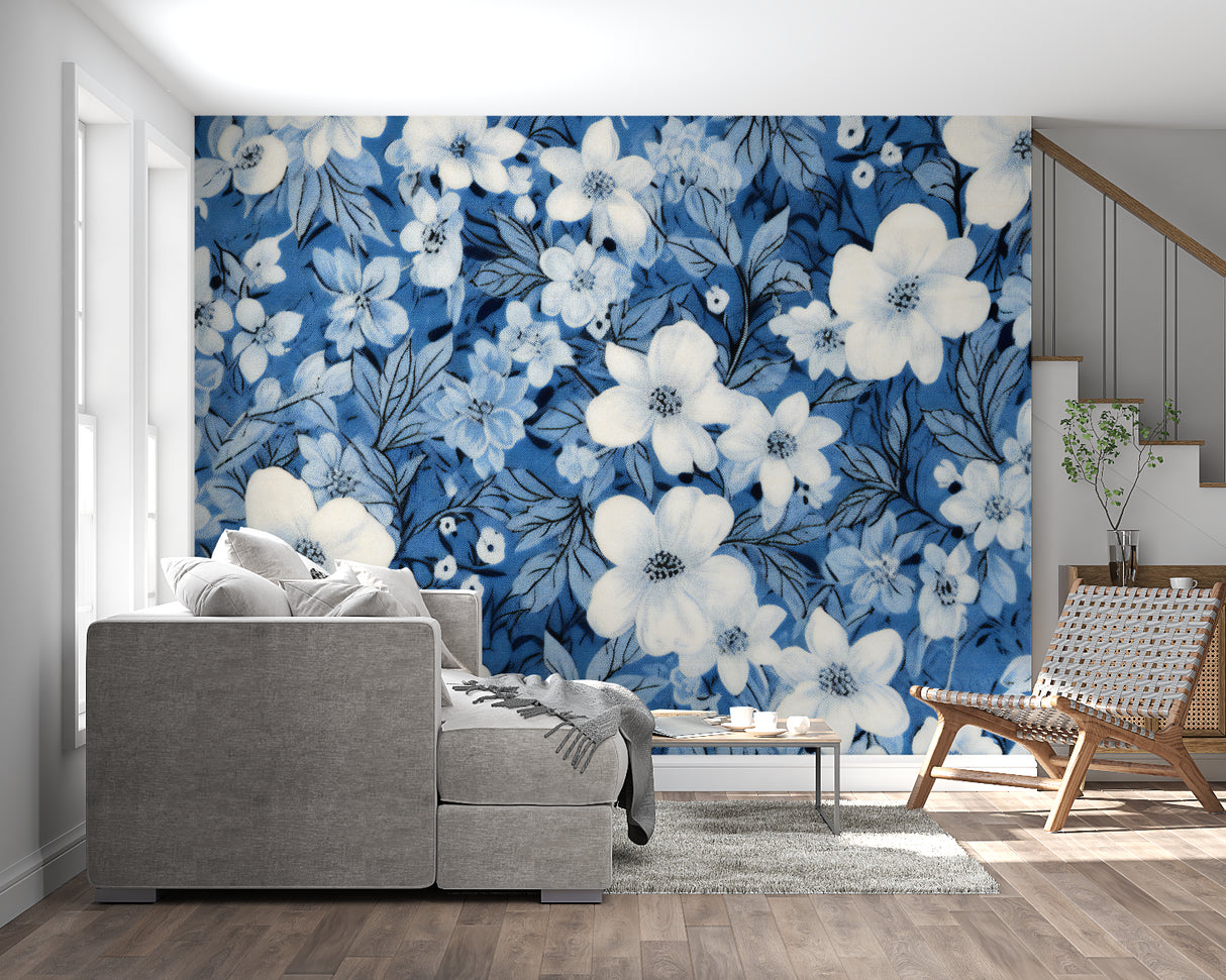 Home office featuring blue floral wall mural, white blooms adding calm workspace feel