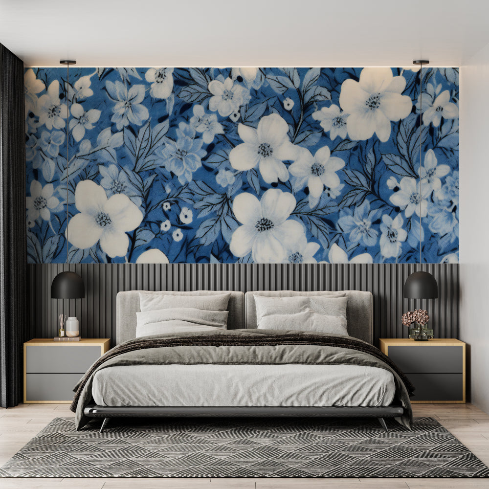 Dining room with white flower wallpaper mural on blue background, evening setting