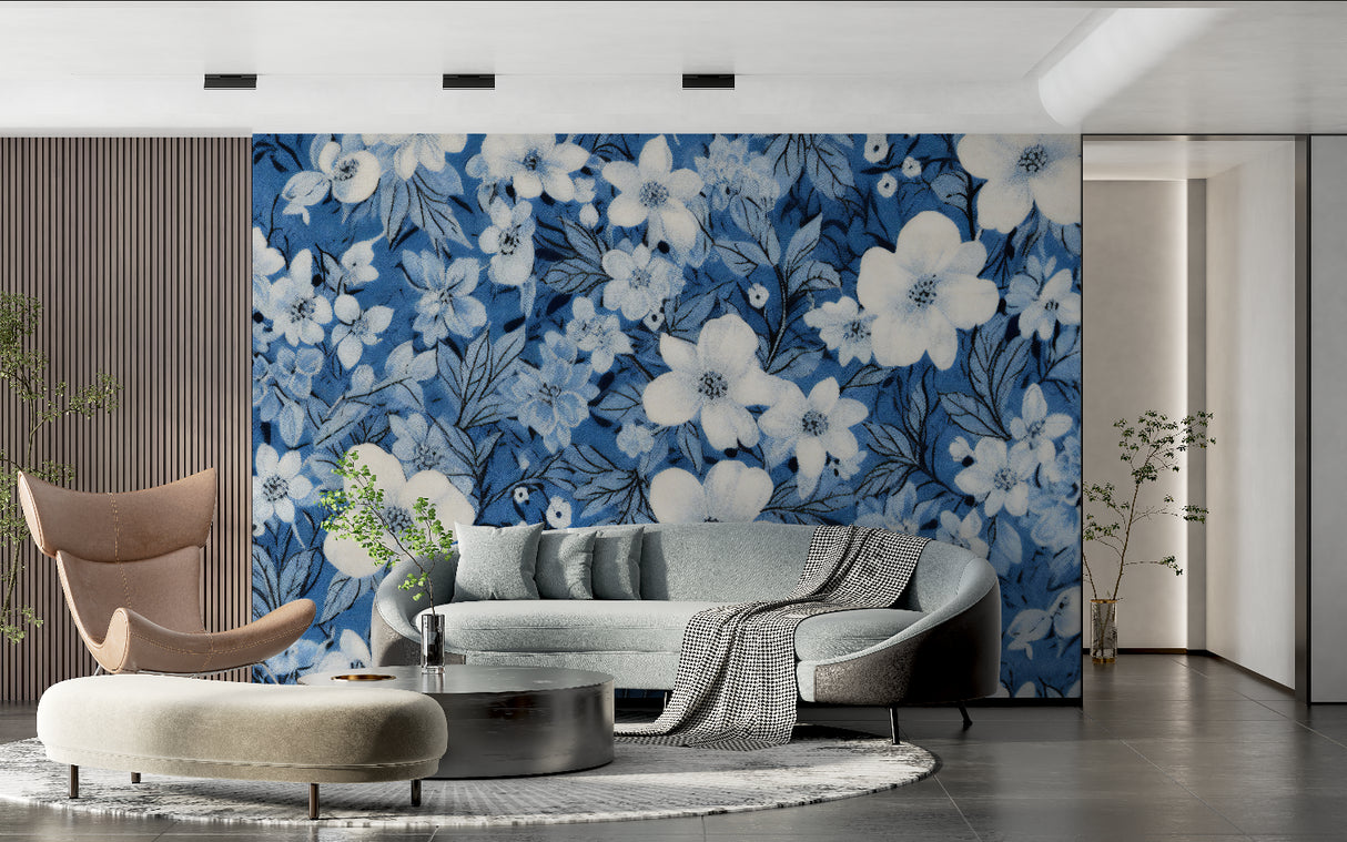 Entrance hall transformed with blue floral wallpaper, white blooms creating welcome feel
