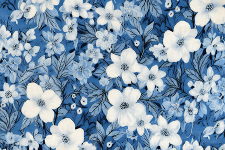 White blooms on blue background design file, showing intricate floral pattern details