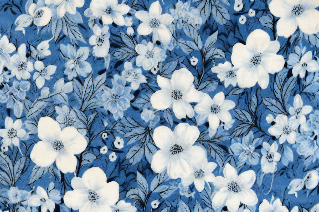 White blooms on blue background design file, showing intricate floral pattern details