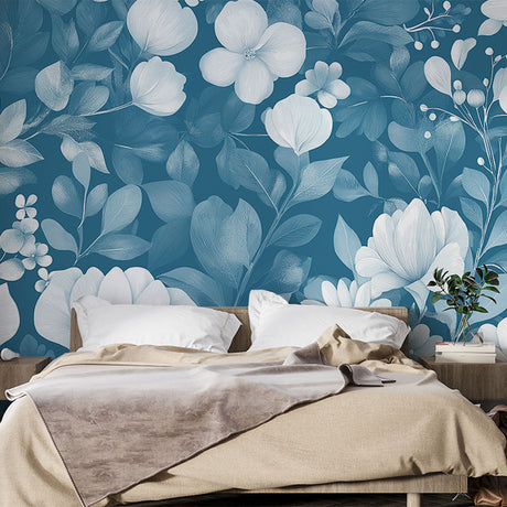 Floral wallpaper with white blooms on turquoise background creating a fresh look in a modern living room setting