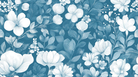 White blooms on turquoise wallpaper design file showing detailed flower pattern and rich color depth