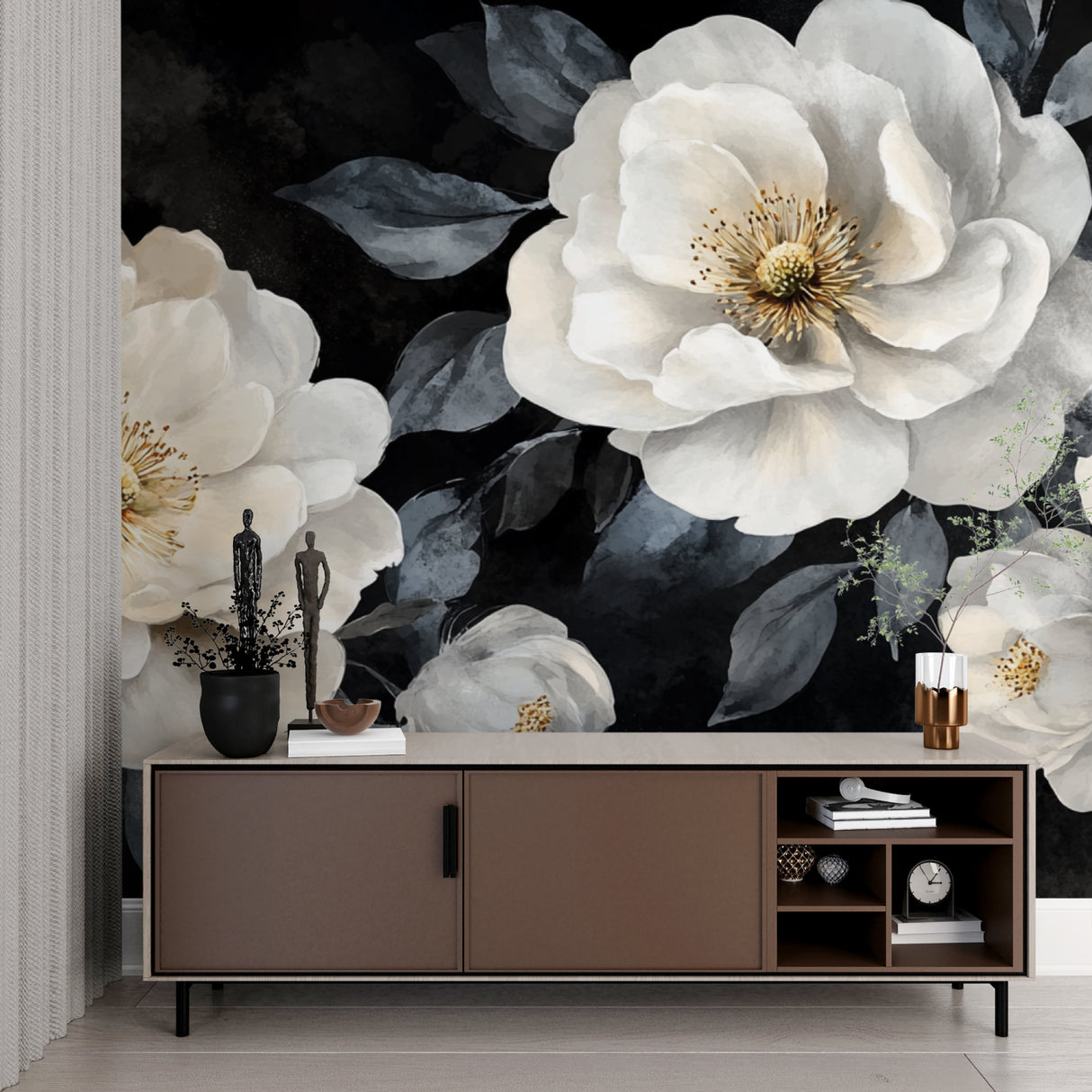 Black and white flower wall mural in master bedroom creating dramatic accent wall