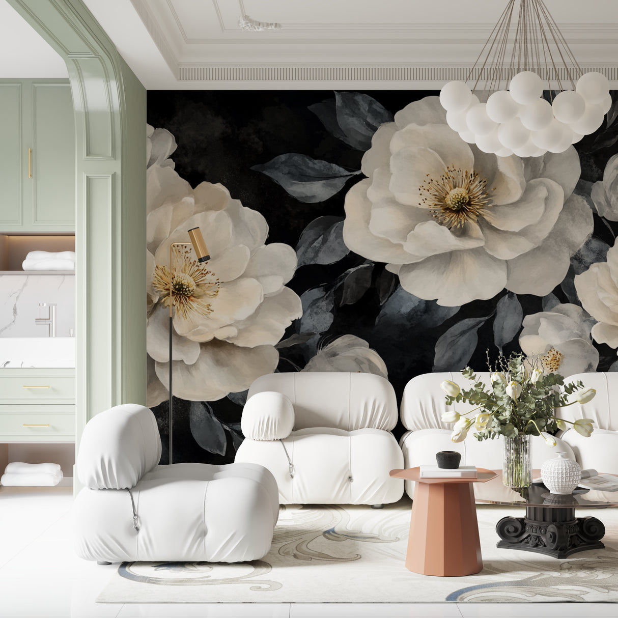 Large scale floral mural wallpaper in dining room with contemporary furniture