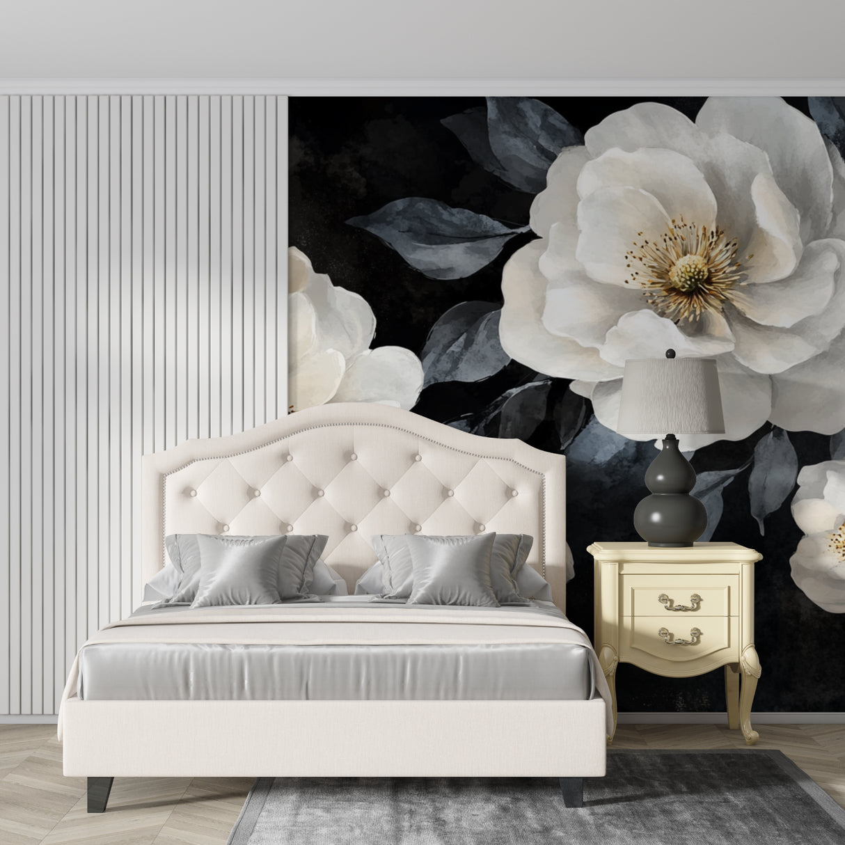 Elegant white blossom wallpaper in home office with minimal decor