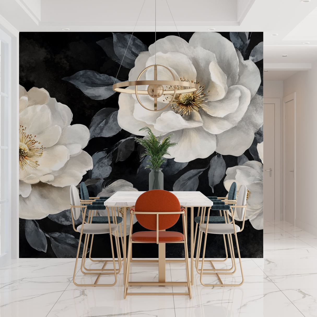 Modern floral wall mural in entrance hallway making bold statement