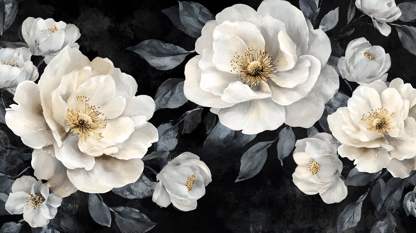 White blossoms on black background design file showing intricate floral pattern