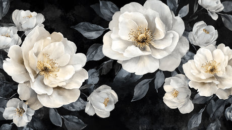 White blossoms on black background design file showing intricate floral pattern
