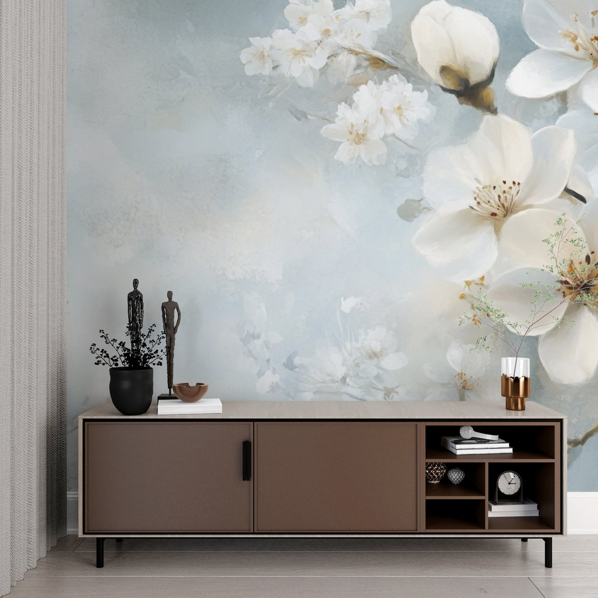 Cherry blossom wallpaper in a bright modern living room creating a fresh spring atmosphere