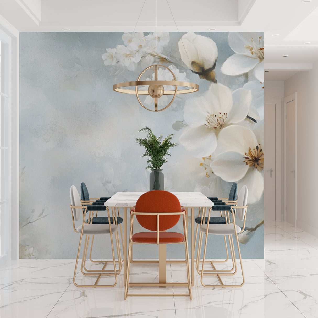 White cherry blossom wall mural in a serene bedroom setting with natural light