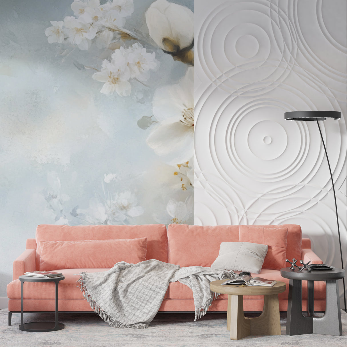 Floral wall mural featuring cherry blossoms in an elegant dining room space
