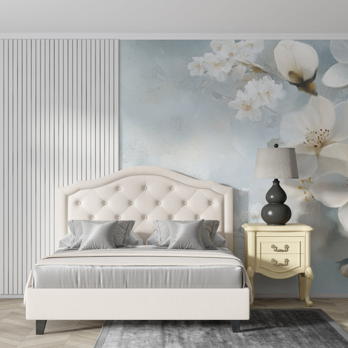 Cherry blossom wall design brightening a home office with soft blue tones