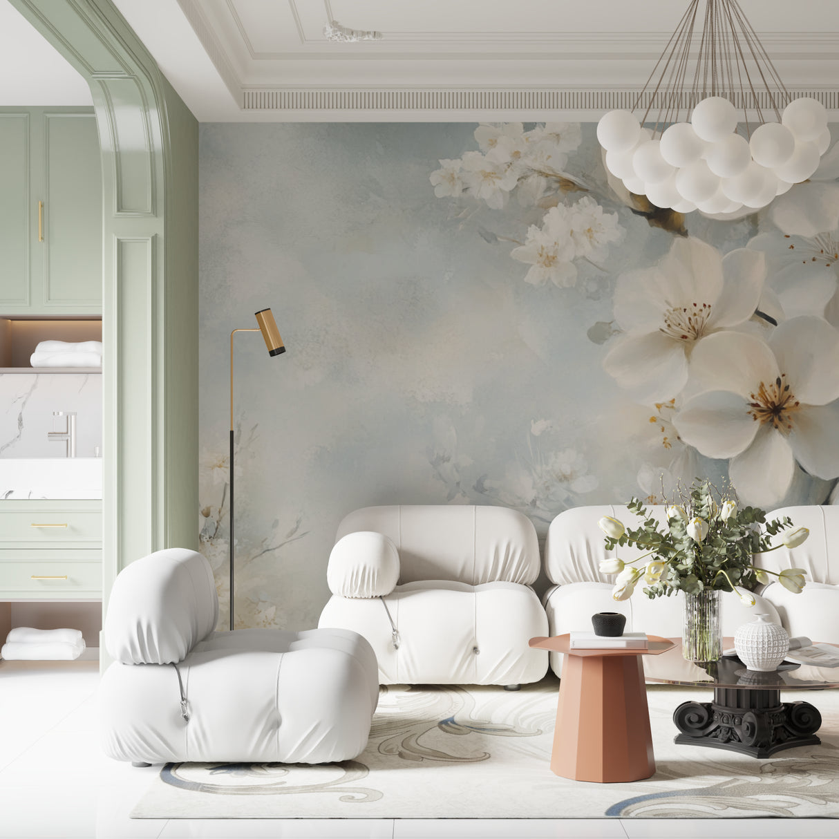 White floral mural making a statement in a modern entrance hallway