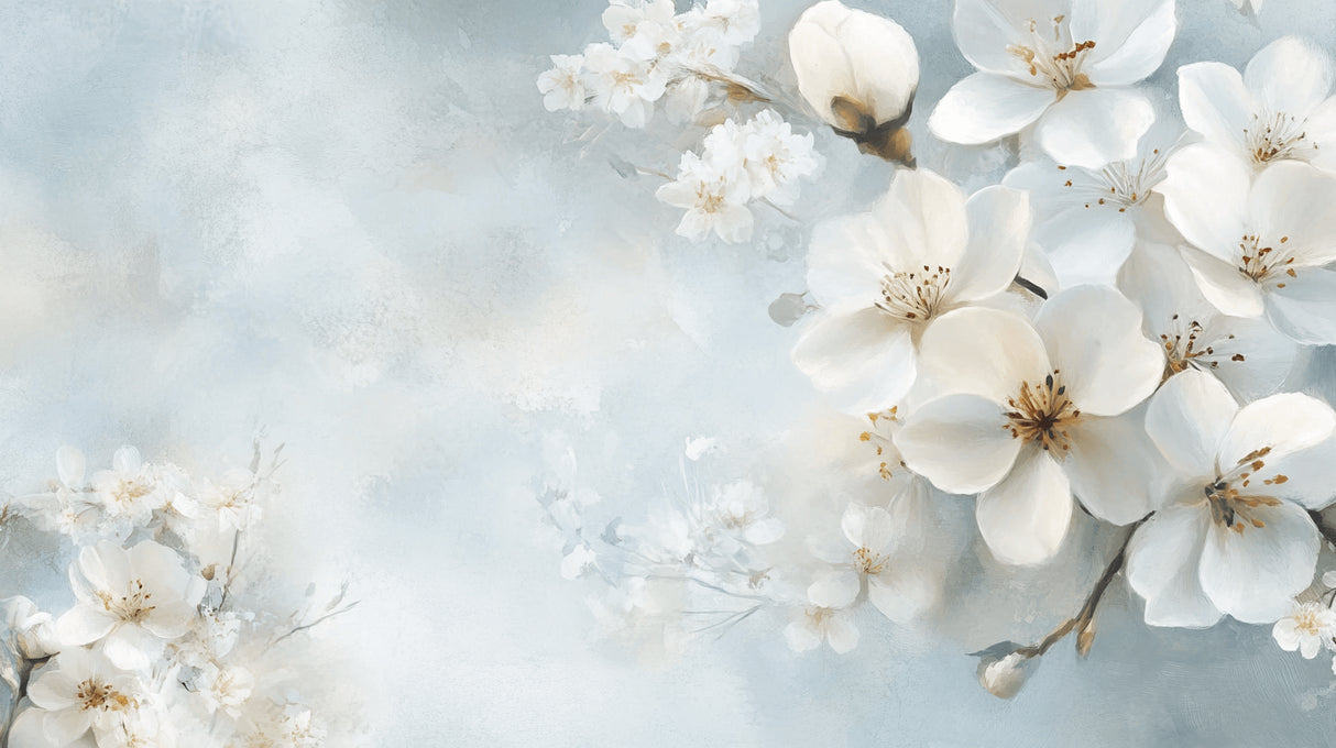 Cherry blossom wallpaper design file showing detailed white blooms on blue sky background