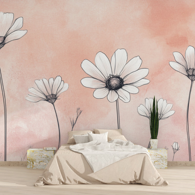 Floral wallpaper with white daisies brightening a modern living room with natural light