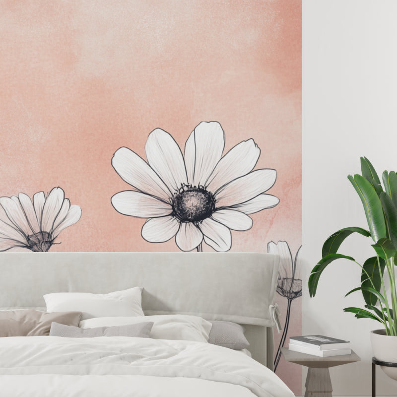 White daisy wallpaper mural making a home office feel fresh and inspiring