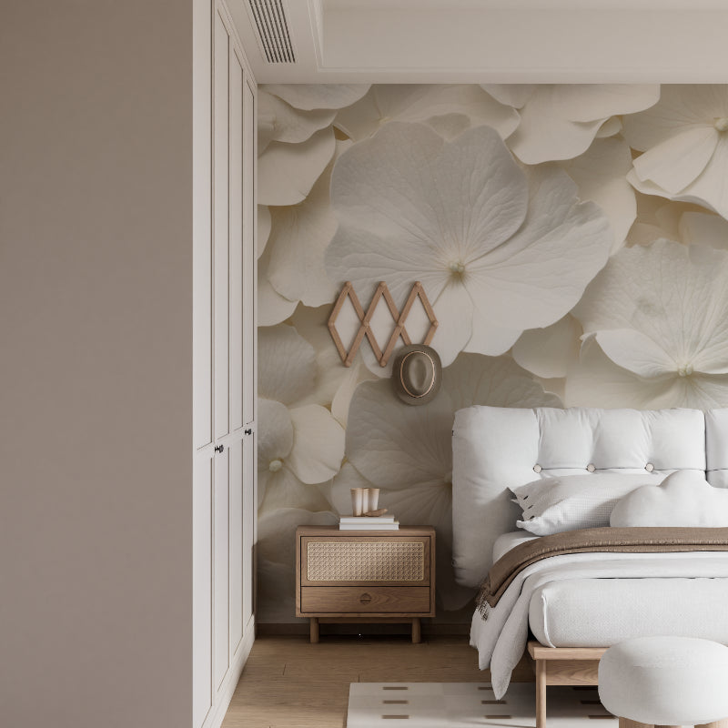 White floral wallpaper mural in modern bedroom creating a serene atmosphere