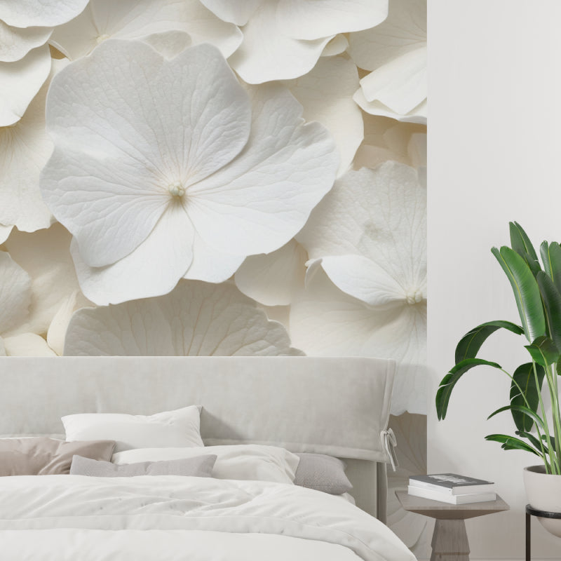 White flower wall mural adding soft texture to home office space