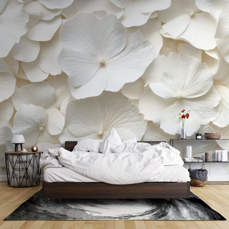Botanical wallpaper creating peaceful mood in master bedroom setting